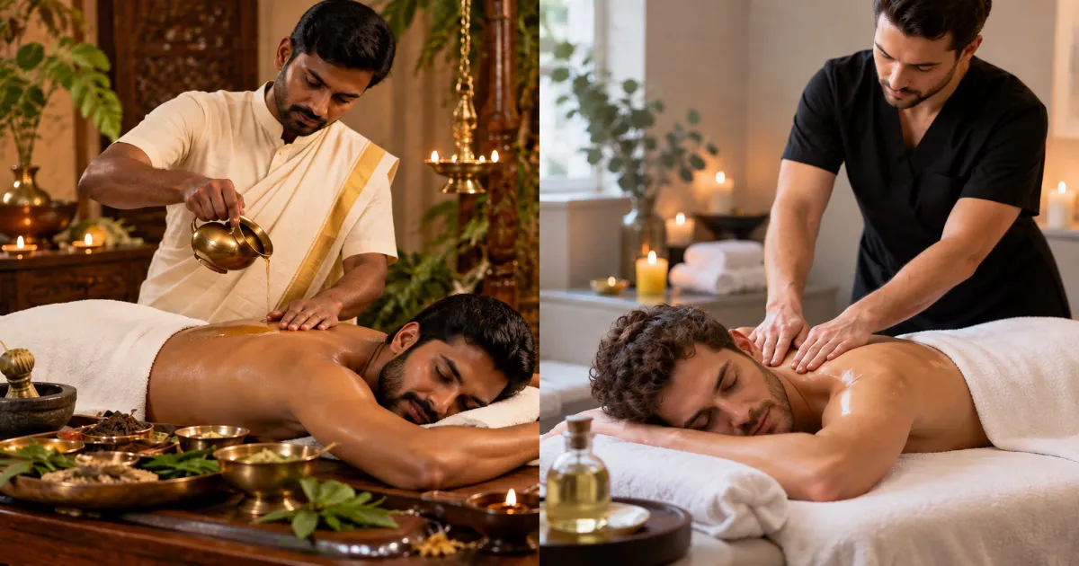 Ayurvedic vs Swedish massage: warm herbal oil therapy compared to pressure-point technique.