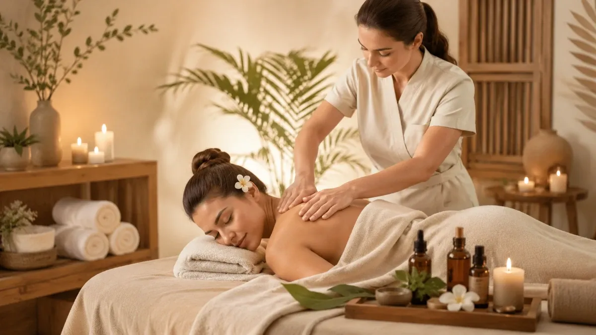 Back pain relief massage therapy session with a therapist providing a relaxing treatment in a peaceful spa setting