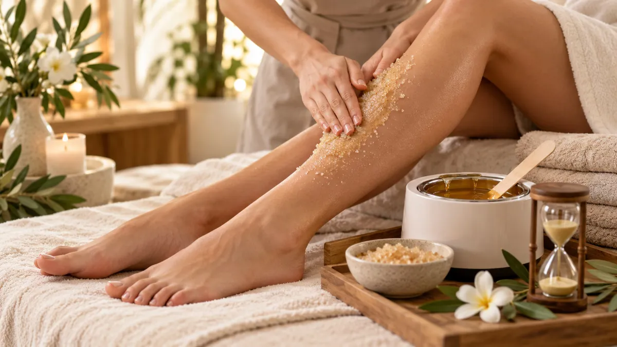 Body scrub before waxing with sugar scrub and waxing treatment setup