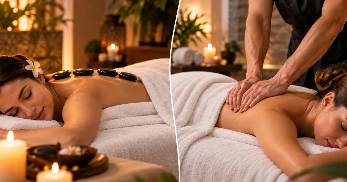 Comparison guide showing hot stone vs deep tissue massage techniques to help choose the right treatment for your body