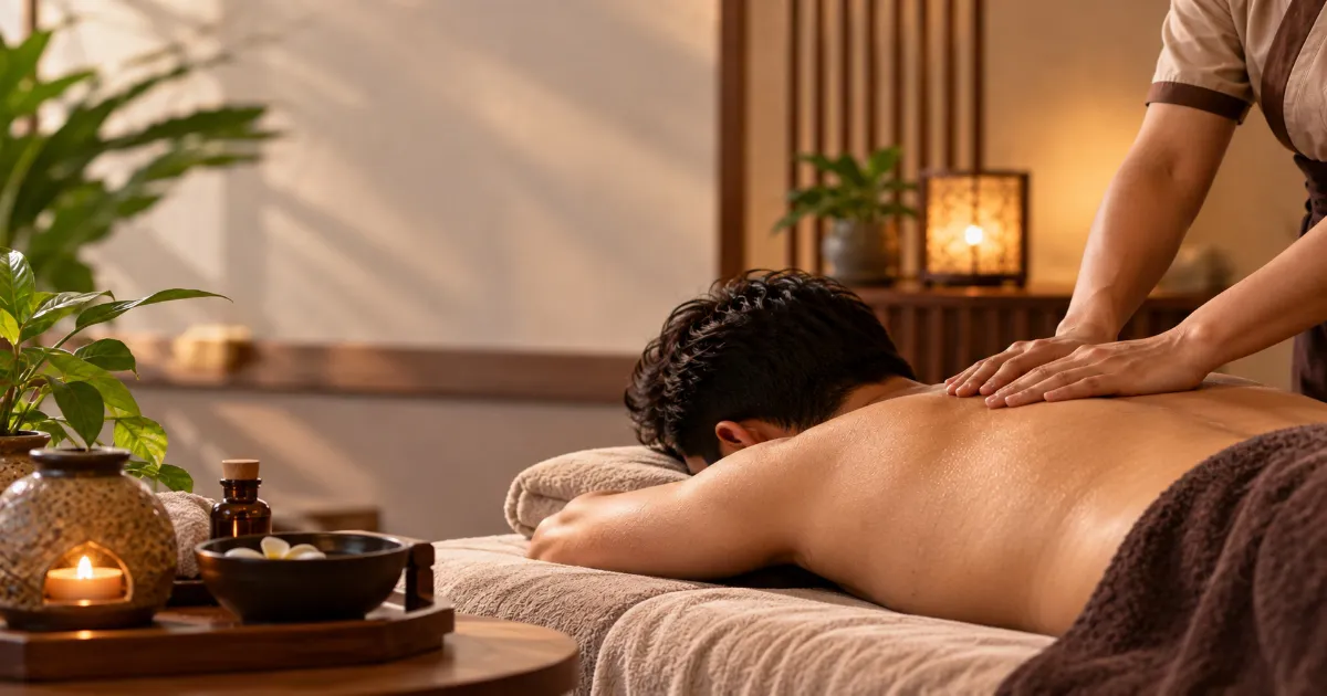 Therapist performing deep tissue massage on traveler with lower back stiffness after a long bus ride in Nepal