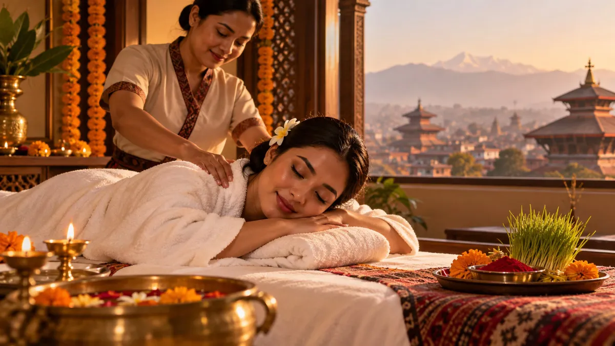 Nepali woman enjoying a relaxing shoulder massage at a Kathmandu spa decorated with marigold flowers and traditional Dashain tika and jamara.