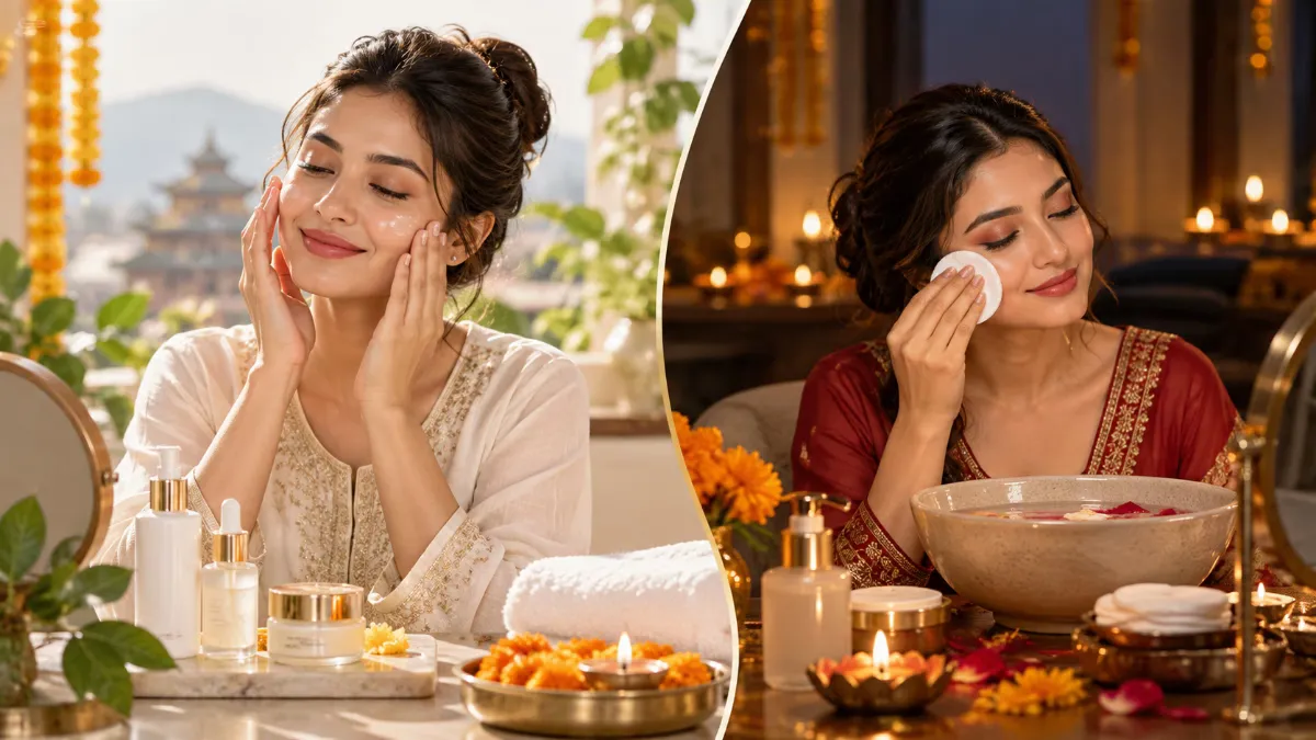 Nepali woman preparing her skin before Tihar makeup and gently removing festive makeup afterward